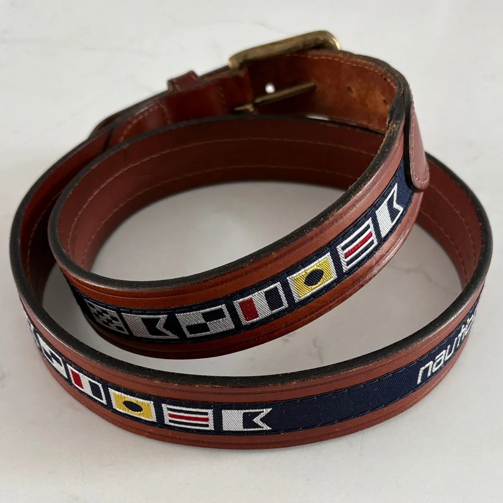 Nautica‎ Leather Belt with Brass Buckle and Flag Designs